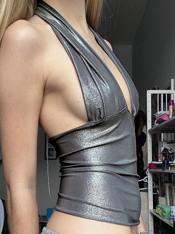 Glänzendes Neckholder-Top mit tiefem U-Ausschnitt und taillierter Taille-3