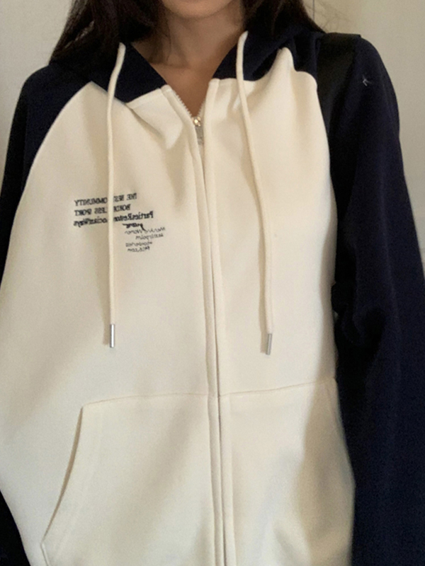 Übergroßer Kapuzenpullover mit Farbblock-Splice-Reißverschluss-1