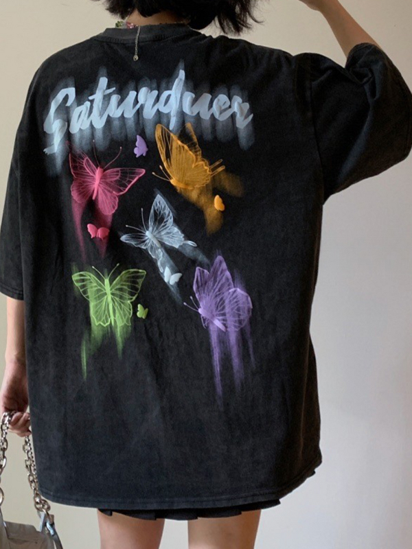 Übergroßes Kurzarm-T-Shirt mit Vintage-Graffiti-Schmetterling-2